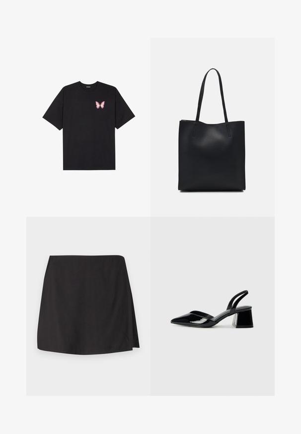 Melna kokvilnas T-krekls ar īsām piedurknēm, kuram priekšā kreisajā pusē ir neliels rozā tauriņa grafiskais attēls. Ar apaļu kaklu un brīvā stila piegriezumu.; Melnā svārku izgatavoti no gludas auduma, ar taisnu griezumu un šķēlumu vienā pusē. Vienkāršs dizains bez rakstiem vai rotājumiem.; Melna lakota āda ar atvērto papēdi, ar smailu purngalu un ģeometrisku blokpapēdi. Iezīmējas elegants, minimāls dizains un gluda tekstūra.; Melnas ādas somiņa ar gludu tekstūru, taisnstūra formu un divām garām rokturiem. Nav redzamu aparatūras vai rotājumu.