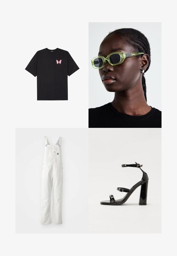 Svart bomulls T-skjorte med korte ermer, med en liten rosa sommerfugl grafikk på venstre bryst. Crew-neck design med en avslappet passform.; Hvite bomulls overaller med justerbare stropper, frontlomme og sideknapper; løs passform med rette ben; minimal synlig søm.; Svart høyglans sandaler med hæl, firkantet tå, ankelremmer og sølvspenner. Har en kraftig blokkhæl for stabilitet.; Grønntipset solbriller med en slank, rektangulær ramme og mørke linser; teksturerte grå armer med merkevare. Glatt hud og en svart skjorte.