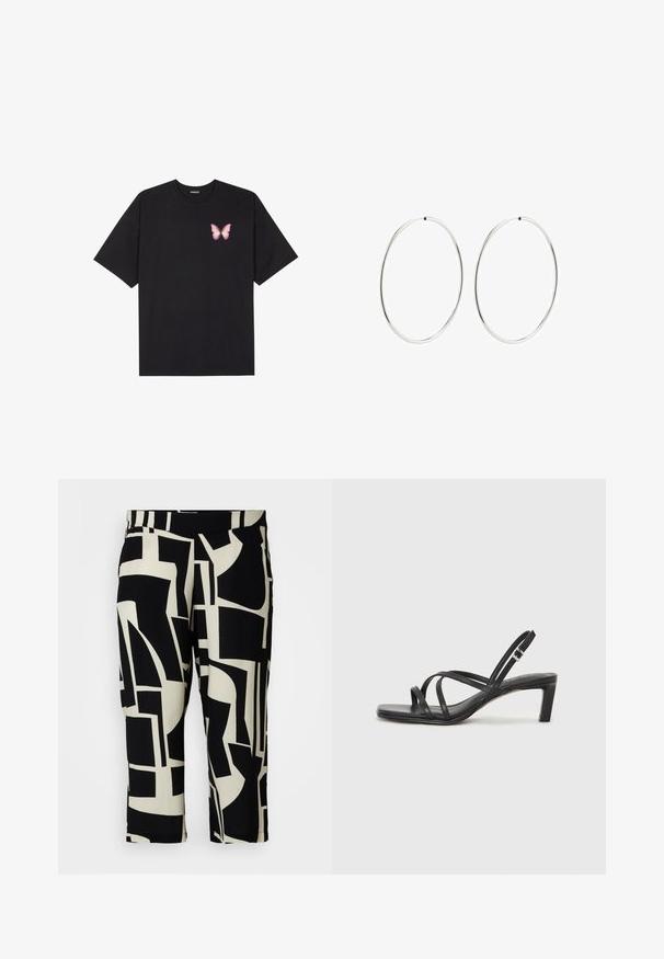 Melna kokvilnas T-krekls ar īsām piedurknēm, kuram priekšā kreisajā pusē ir neliels rozā tauriņa grafiskais attēls. Ar apaļu kaklu un brīvā stila piegriezumu.; Melnas un krēmkrāsas abstraktas rakstainas kājas bikses, ar gludu tekstūru un elastīgu jostasvietu, kas satur ģeometriskas formas visā virsmā.; Melnas strappy sandales ar kvadrātveida purngaliem un zemu bloku papēdi. Ievērojamas ar vairākiem plāniem siksniņām un regulējamu potītes siksniņu. Izgatavotas no gludas ādas.; Sudraba riņķa auskari ar gludu, apaļu dizainu un pulētu apdari. Tie ir plāni un viegli, ar vienkāršu aizdari.
