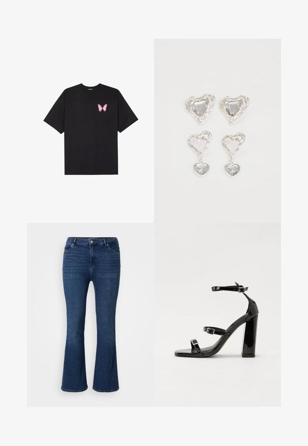 Juodas medvilnės marškinėliai trumpomis rankovėmis, su maža rožine drugelio grafika kairėje krūtinės pusėje. Apvalus kaklo iškirpimas, laisvas kirpimas.; Tamsiai mėlynos platus džinsai, pagaminti iš džinsinio audinio, su penkių kišenių dizainu ir užtrauktuku. Audinys turi šiek tiek tekstūros ir klasiką primenančią apdailą.; Juoda blizgi lakuota basutė su kvadratiniu pirštu, kulkšnies dirželiais ir sidabro sagtimis. Yra tvirta blokinė kulno konstrukcija, užtikrinanti stabilumą.; Sidabrinės širdelės formos auskarai puošti facetuotais skaidriais akmenimis, su tekstūruotu rėmu. Rinkinį sudaro tiek auskarai-stud, tiek kabančios formos.