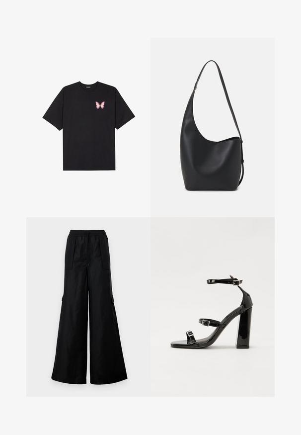 Tricou negru din bumbac cu mâneci scurte, având pe partea stângă a pieptului un mic grafic cu un fluture roz. Design cu guler rotund și croială lejeră.; Pantaloni cargo largi, negri, confecționați dintr-un material neted și ușor. Dispun de un brâu elastic, cordon de strângere și buzunare laterale.; Sandale cu toc din patent negru, cu vârf pătrat, curele la gleznă și catarame din argint. Dispune de un toc gros pentru stabilitate.; Geantă hobo din piele neagră, cu o textură netedă, formă curbată și un singur bretele ajustabil; are o deschidere largă în partea de sus.