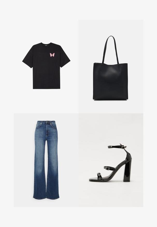 Črna bombažna majica s kratkimi rokavi, ki ima majhen roza metuljček na levi strani prsnega dela. Majica s krožnim ovratnikom in sproščenim krojem.; Široke hlače iz srednjega modrega džinsa. Visok pas z gladkim zaključkom, rahlo zbledela sprednja stran in subtilne šivane detajle. Zapenjajo se na pasu z gumbom.; Črne lakaste sandale z visokimi petami, z dvema trakovoma z zaponkama, kvadratnim sprednjim delom in masivno širšo peto, z gladko, sijočo teksturo.; Črna usnjena torba s svilnato teksturo, pravokotne oblike in dvema dolgima ročajema. Brez vidnih metalnih delov ali okrasnih elementov.