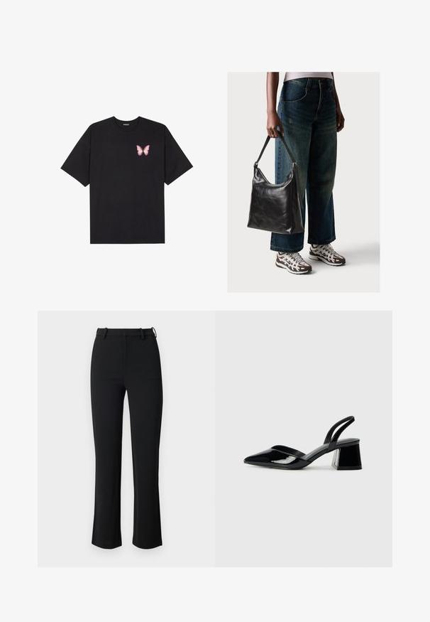Svart bomullströja med korta ärmar, med en liten rosa fjärilsgrafik på vänster bröst. Rundad halsdesign med en avslappnad passform.; Svarta byxor i ett slätt, stretchigt tyg, med en åtsittande midja, bälteshällor och något utsvängda ben med sidoklipp.; Svarta lackläder slingback klackar med spetsig tå och geometrisk klack. Har en elegant, minimalistisk design och slät yta.; Svart läderaxelväska med en slät yta och justerbar rem, i kombination med urtvättade vida jeans och sportiga sneakers.