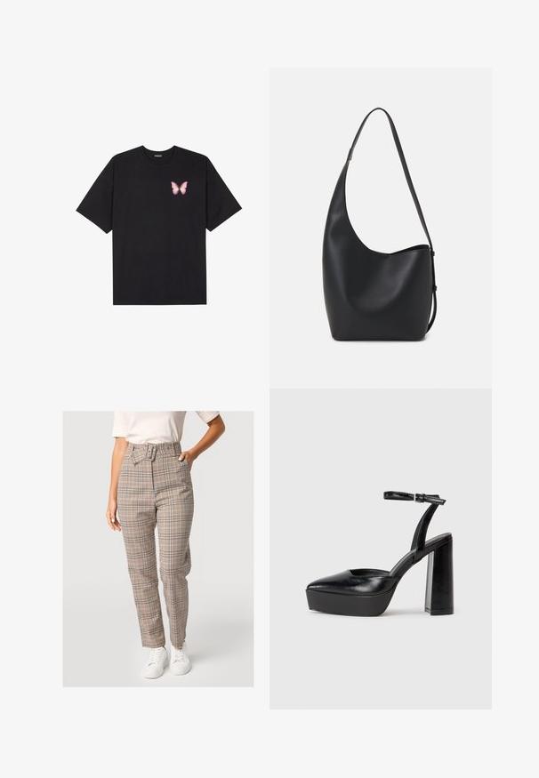 T-shirt en coton noir à manches courtes, avec un petit graphique de papillon rose sur la poitrine gauche. Modèle à col rond avec une coupe décontractée.; Pantalons à taille haute à carreaux beige avec des accents bleus et oranges, présentant un détail de ceinture, une coupe droite et une texture de tissu lisse.; Escarpins noirs à plateforme avec un bout pointu et une sangle réglable à la cheville. Conçus en cuir lisse, avec un large talon bloc.; Sac hobo en cuir noir avec une texture lisse, une forme incurvée et une seule sangle réglable ; dispose d'une large ouverture en haut.