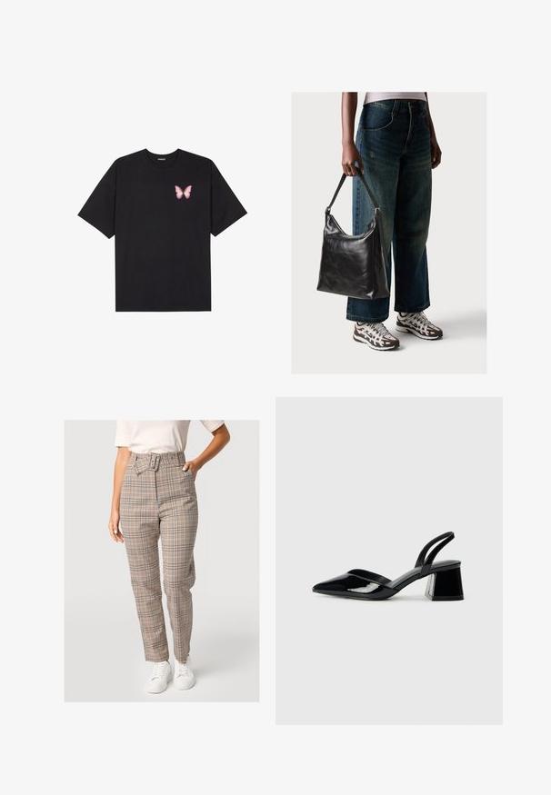 Zwarte katoenen t-shirt met korte mouwen, voorzien van een kleine roze vlinder graphic op de linkerkant van de borst. Crew neck ontwerp met een relaxte fit.; Hoge taille gebloemde broek in beige met blauwe en oranje accenten, met een riemdetail, rechte pijpen en een gladde stofstructuur.; Zwarte gepatineerde leren slingback hakken met een spitse neus en een geometrische blokhak. Kenmerkt zich door een slank, minimalistisch ontwerp en een gladde textuur.; Zwarte leren schoudertas met een gladde textuur en een verstelbare strap, gecombineerd met vervaagde wijde jeans en sportieve sneakers.