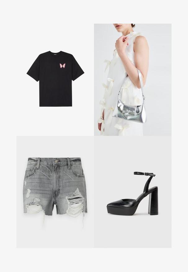 Čierne bavlnené tričko s krátkymi rukávmi, s malým ružovým motýlikom na ľavej hrudi. Design s okrúhlym výstrihom a uvoľneným strihom.; Sivé džínsy šortky s roztrhnutými okrajmi a viacerými zničenými miestami, s gombíkovým zapínaním a dvoma prednými vreckami.; Čierne platformové podpätky so špicatou špičkou a nastaviteľným členkovým remienkom. Vyrobené z hladkej kože a so robustným blokovým podpätkom.; Strieborná metalická kabelka so štruktúrovaným tvarom, ktorá má hornú rukoväť a mašľu na prednej strane. Hladká textúra, reflexný povrch.