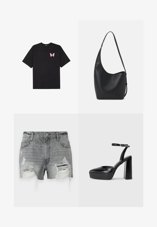 Must muströöpidega must puuvillane T-särk, vasakul rinnal on väike roosa liblikas. Ümar kaelus ja vabalt istuv lõige.; Hallide hallid denim lühikeste pükste kasvatatud servade ja mitmete kulumisjälgedega, millel on nööpide sulgemine ja kaks esikotti.; Mustad platvormi kontsad terava ninaga ja reguleeritava pahkluuraamiga. Valmistatud siledast nahast, funktsioneerib massiivse plokknäheeliga.; Mustast nahast hobo kott, millel on sile tekstuur, kumer kuju ja üks reguleeritav rihm; peal on lai avaus.