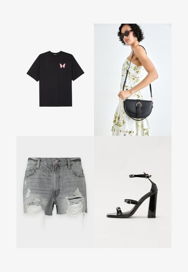 T-shirt en coton noir à manches courtes, avec un petit graphique de papillon rose sur la poitrine gauche. Modèle à col rond avec une coupe décontractée.; Shorts en denim gris avec des ourlets effilochés et plusieurs zones déchirées, fermeture à bouton et deux poches avant.; Sandales à talons vernies noires avec un bout carré, des sangles autour de la cheville et des boucles en argent. Dotées d'un talon bloc épais pour plus de stabilité.; Sac à main en cuir noir avec une forme courbée, bandoulière amovible et des accessoires en or. Le sac est doté d'un rabat avec un détail de boucle.