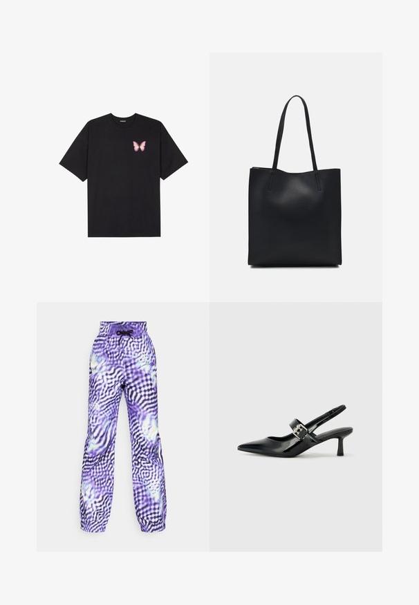 Svart bomulls T-skjorte med korte ermer, med en liten rosa sommerfugl grafikk på venstre bryst. Crew-neck design med en avslappet passform.; The North Face BUILD UP PANT - Snowboardbukse - peak purple; Svarte patent lær slingback hæler med spiss tå og en liten blokkheel, med en sølvspenne som detalj på stroppen.; Svart lær tote bag med glatt tekstur, rektangulær form og to lange håndtak. Ingen synlige deler eller dekorasjoner.