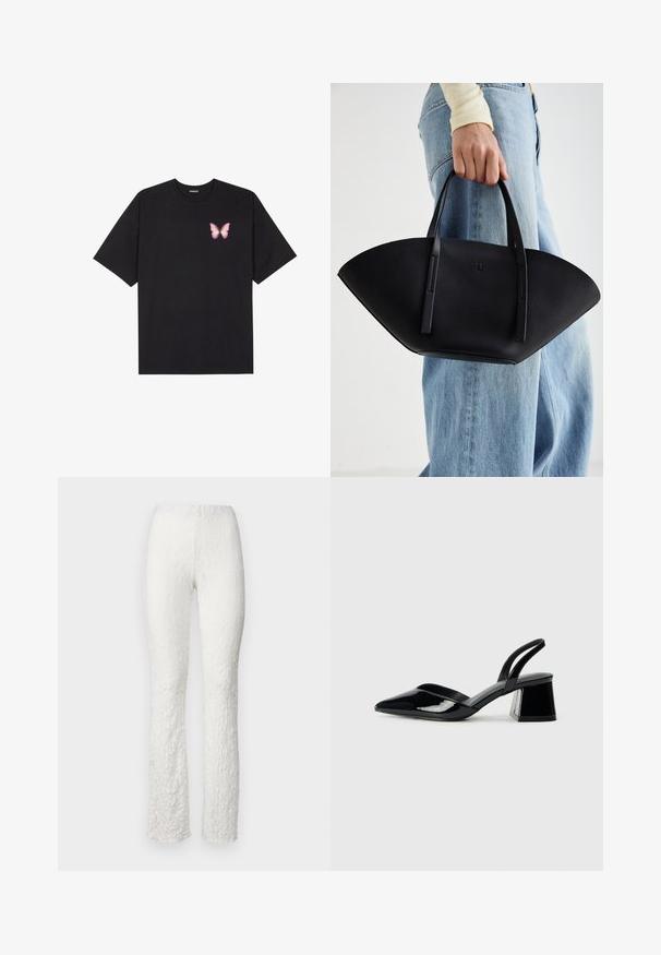 Fekete pamut póló rövid ujjakkal, bal mellkason egy kis rózsaszín pillangó grafikával. Kerek nyakú kialakítás, laza fazonnal.; Fehér textúrált nadrág virágmintával, trapézszárú dizájnnal és kényelmes gumis derékrésszel. Simább anyagú kivitel.; Fekete lakk bőr szandálkés magas sarkú cipő, hegyes orral és geometrikus tömbsarkakkal. Karcsú, minimalista dizájn és sima textúra jellemzi.; Fekete bőr kézitáska egyedi legyezőformával, lapos füllel. A felülete kőriszerű textúrájú és minimalista dizájnnal rendelkezik.