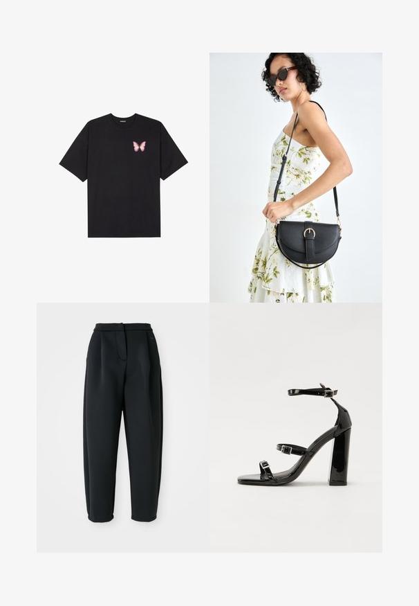 Černé bavlněné tričko s krátkým rukávem, na levém prsou s malou grafikou růžové motýlky. Design s kruhovým výstřihem a volným střihem.; Černé kalhoty vyrobené z hladkého materiálu, s dokonale střiženým pasem, klineným předním dílem a zúženými nohavicemi s manžetami.; Černé lakované sandály na vysokém podpatku se dvěma pásky se sponami, čtvercovou špičkou a robustním blokovým podpatkem, s hladkou, lesklou texturou.; Černá kožená kabelka s křivkovým tvarem, odnímatelným popruhem a zlatými detaily. Kabelka má klopu s přezkou.