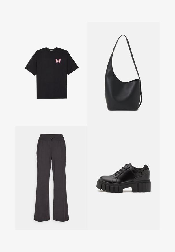 Black cotton t-shirt with short sleeves, featuring a small pink butterfly graphic on the left chest. Crew neck design with a relaxed fit.; Gray, loose-fitting pants with a wide leg design, made from soft material. Features an elastic waist with a drawstring and side pocket.; Black leather platform shoes with a chunky block heel, round toe, and traditional lace-up design. Features smooth texture and minimal detailing.; Black leather hobo bag with a smooth texture, curved shape, and single adjustable strap; features a wide opening at the top.