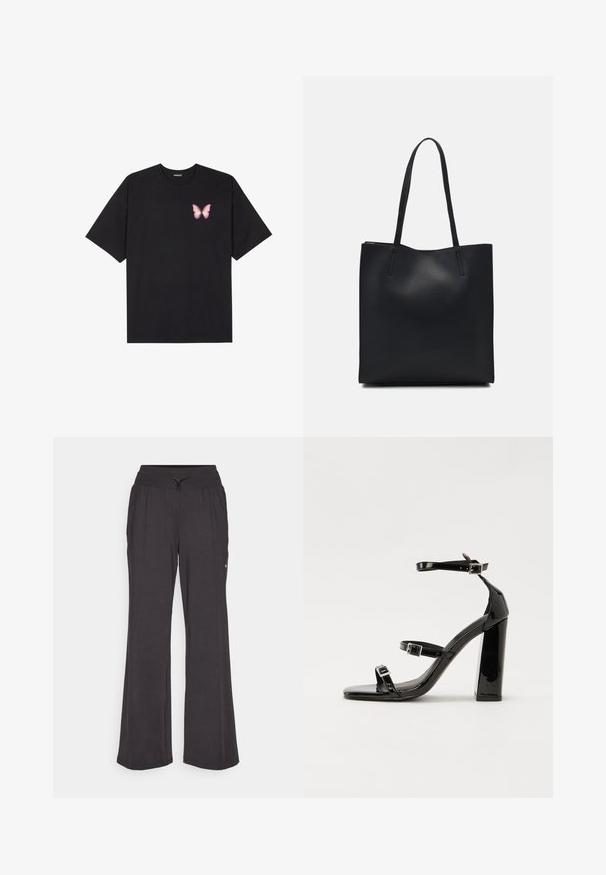 Black cotton t-shirt with short sleeves, featuring a small pink butterfly graphic on the left chest. Crew neck design with a relaxed fit.; Gray, loose-fitting pants with a wide leg design, made from soft material. Features an elastic waist with a drawstring and side pocket.; Black patent high-heeled sandals with two buckle straps, square toe, and a chunky block heel, featuring a smooth, glossy texture.; Black leather tote bag with smooth texture, rectangular shape, and two long handles. No visible hardware or embellishments.