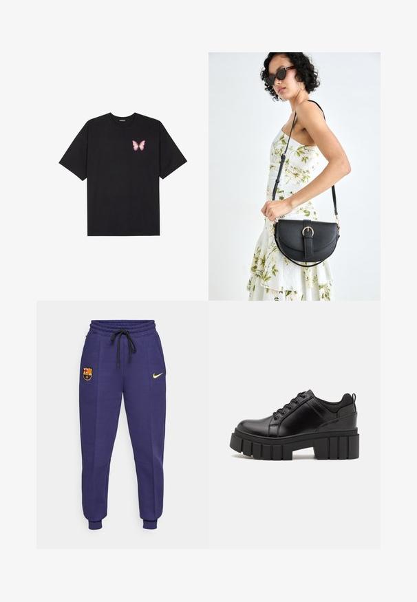 Zwarte katoenen t-shirt met korte mouwen, voorzien van een kleine roze vlinder graphic op de linkerkant van de borst. Crew neck ontwerp met een relaxte fit.; Nike trainingsbroek in donkerpaars met een trekkoord in de taille, zijzakken en een geel logo. Bevat een geborduurd FC Barcelona-embleem.; Zwarte leren platform schoenen met een stevige blokhak, ronde neus en een traditionele vetersluiting. Kenmerkt zich door een gladde textuur en minimale details.; Zwarte leren handtas met een gebogen vorm, afneembare schouderband en gouden hardware. De tas heeft een klep met een gespsluiting.