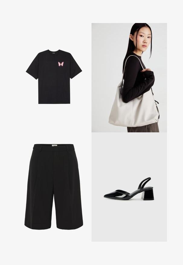 Černé bavlněné tričko s krátkým rukávem, na levém prsou s malou grafikou růžové motýlky. Design s kruhovým výstřihem a volným střihem.; Part Two KAIRAPW - Šortky - black; Černé lakované kožené lodičky na pásku s špičatou špičkou a geometrickým blokovým podpatkem. Vyznačují se elegantním, minimalistickým designem a hladkým povrchem.; Beige kabelka vyrobená z měkkého materiálu, s volným designem, prošívanými detaily a dvěma ramenními popruhy. Vhodná pro každodenní použití.