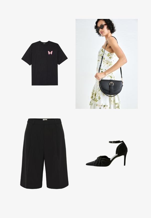 Sort bomulds T-shirt med korte ærmer, prydet med en lille pink sommerfugl grafik på venstre bryst. Rund hals design med en afslappet pasform.; Part Two KAIRAPW - Shorts - black; Sorte ruskind højhælede sko med spids tå, knudedetalje foran og ankelrem. Har en slank stilettohæls og et elegant design.; Sort læderhåndtaske med en buet form, aftagelig rem og guldfinish. Tasken har en klap med en spænde detalje.