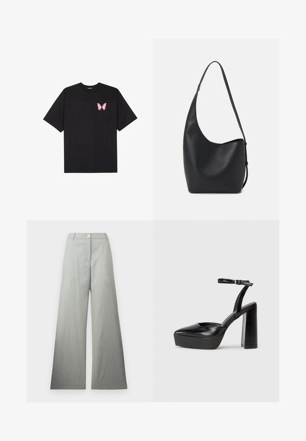 Fekete pamut póló rövid ujjakkal, bal mellkason egy kis rózsaszín pillangó grafikával. Kerek nyakú kialakítás, laza fazonnal.; Világosszürke, bő szárú nadrág, texturált anyagból készült, elöl gombos zárással és sima, lapos derékkal. Nincsenek látható minták vagy díszítések.; Fekete platform magassarkú cipők hegyes orral és állítható bokapánttal. Sima bőrből készült, vastag talppal.; Fekete bőr hobo táska sima textúrával, ívelt formával és egyetlen állítható pánttal; széles nyílás található a tetején.