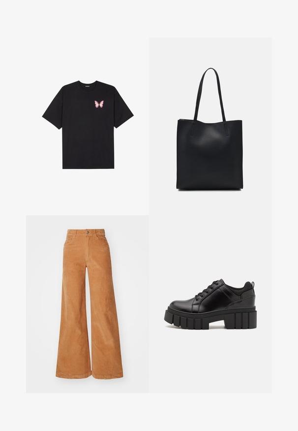 T-shirt nera in cotone con maniche corte, caratterizzata da una piccola grafica di una farfalla rosa sul lato sinistro del petto. Design a girocollo con una vestibilità rilassata.; Pantaloni a gamba larga in corduroy di un caldo colore marrone, con vita alta, chiusura con bottone e due tasche frontali. Texture morbida e dettagli delle cuciture visibili.; Scarpe platform in pelle nera con tacco a blocco robusto, punta rotonda e design tradizionale con lacci. Presentano una superficie liscia e dettagli minimi.; Borsa tote in pelle nera con texture liscia, forma rettangolare e due manici lunghi. Nessun hardware o decorazione visibile.