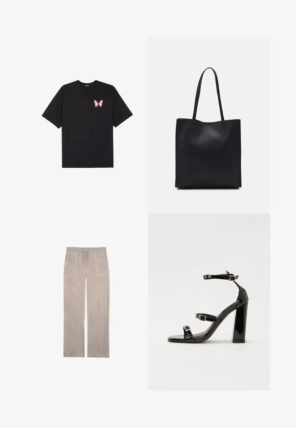 Zwarte katoenen t-shirt met korte mouwen, voorzien van een kleine roze vlinder graphic op de linkerkant van de borst. Crew neck ontwerp met een relaxte fit.; Lichtgrijze sweatpants van zachte, gestructureerde stof; voorzien van twee zijzakken en een elastische tailleband met trekkoord.; Zwarte gepatenteerde sandalen met hak en een vierkante neus, enkelbandjes en zilveren gespen. Heeft een stevige blokhak voor stabiliteit.; Zwarte leren handtas met een gladde textuur, rechthoekige vorm en twee lange handvaten. Geen zichtbare hardware of versieringen.