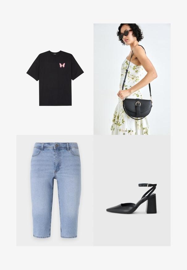 T-shirt de algodão preto com mangas curtas, apresentando um pequeno gráfico de borboleta rosa no lado esquerdo do peito. Design de gola redonda com um corte solto.; Calças de ganga de comprimento até ao joelho em azul claro, com cinco bolsos, passadores de cinto e fecho frontal com botão, apresentando um acabamento ligeiramente desbotado.; Sandal com biqueira afilada em couro preto, com cinta no tornozelo e salto grosso. Textura lisa, design elegante e estética minimalista.; Bolsa de couro preta com forma curva, alça destacável e detalhes em dourado. A bolsa possui uma aba com detalhe de fivela.