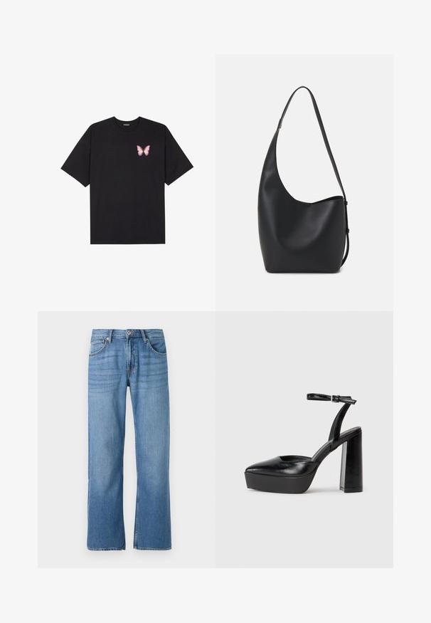 Black cotton t-shirt with short sleeves, featuring a small pink butterfly graphic on the left chest. Crew neck design with a relaxed fit.; Light blue denim jeans with a straight leg design, five-pocket style, single button closure, and stitched detailing along the seams.; Black platform heels with a pointed toe and adjustable ankle strap. Constructed from smooth leather, featuring a chunky block heel.; Black leather hobo bag with a smooth texture, curved shape, and single adjustable strap; features a wide opening at the top.