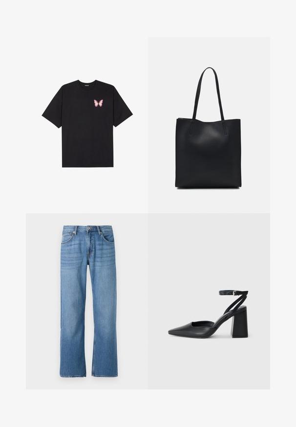 Camiseta de algodón negra de manga corta, con un pequeño gráfico de mariposa rosa en el lado izquierdo del pecho. Diseño de cuello redondo con un corte relajado.; Jeans de mezclilla azul claro con un diseño de pierna recta, estilo de cinco bolsillos, cierre de botón simple y detalles de costura a lo largo de las costuras.; Zapato de tacón puntiagudo de cuero negro con tira en el tobillo y tacón ancho. Textura plana, diseño elegante y estética minimalista.; Bolso tote de cuero negro con textura lisa, forma rectangular y dos asas largas. Sin herrajes ni adornos visibles.