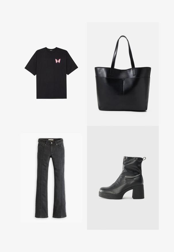 Schwarzes Baumwoll-T-Shirt mit kurzen Ärmeln, das ein kleines pinkes Schmetterlingsmotiv auf der linken Brust zeigt. Crewneck-Design mit einem entspannten Schnitt.; Schwarze Denim-Jeans mit Schlag, fünf Taschen, Gürtelschlaufen und kontrastierendem Nähen entlang der vorderen Nähte. Weicher Stoff und normale Taille.; Schwarze Stiefeletten aus glattem Leder mit seitlichem Reißverschluss, klobigem strukturiertem Absatz und runder Zehenform.; Schwarze Leder-Shopper-Tasche mit zwei langen Griffen, einer glatten Textur und einer strukturierten Form. Verfügt über eine Vordertasche für zusätzlichen Stauraum.