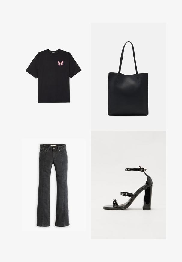 Juodas medvilnės marškinėliai trumpomis rankovėmis, su maža rožine drugelio grafika kairėje krūtinės pusėje. Apvalus kaklo iškirpimas, laisvas kirpimas.; Juodos džinsinės aptemptos kelnės su penkiais kišenėmis, diržo kilpomis ir kontrastingomis siūlėmis priekyje. Minkšta tekstūra ir standartinė juosmens linija.; Juoda blizgi lakuota basutė su kvadratiniu pirštu, kulkšnies dirželiais ir sidabro sagtimis. Yra tvirta blokinė kulno konstrukcija, užtikrinanti stabilumą.; Juodas odinis tote krepšys su lygia tekstūra, stačiakampio formos ir dviem ilgais rankenomis. Matomų metalinių detalių ar puošybos nėra.