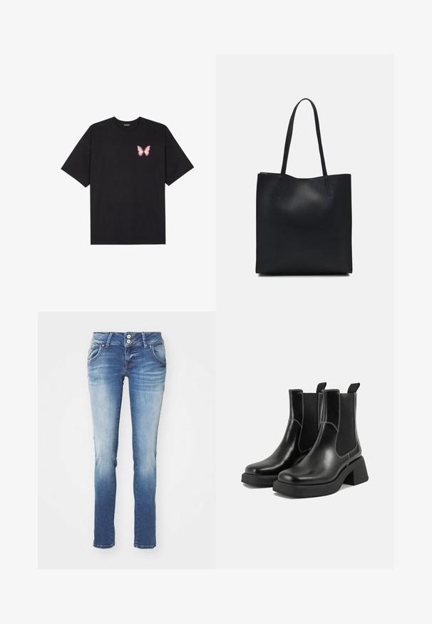 Črna bombažna majica s kratkimi rokavi, ki ima majhen roza metuljček na levi strani prsnega dela. Majica s krožnim ovratnikom in sproščenim krojem.; Slim fitting modre kavbojke z zbledelim pranjem. Imajo dve sprednji žepu in zaklep z gumbom, z rahlim obrabljenjem pri robu.; Črne usnjene Chelsea škornje s širokim petami, elastičnimi stranskimi ploščami in kontrastnim belim šivanjem. Teksturirana površina.; Črna usnjena torba s svilnato teksturo, pravokotne oblike in dvema dolgima ročajema. Brez vidnih metalnih delov ali okrasnih elementov.