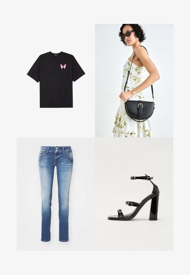 Camiseta de algodón negra de manga corta, con un pequeño gráfico de mariposa rosa en el lado izquierdo del pecho. Diseño de cuello redondo con un corte relajado.; Jeans de mezclilla azul ajustados con un lavado desvanecido. Presentan dos bolsillos frontales y cierre de botón, con un leve desgastado cerca del dobladillo.; Sandalias negras de charol con tacón alto, dos correas con hebilla, punta cuadrada y tacón grueso, con una textura lisa y brillante.; Bolso de piel negra con forma curva, correa desmontable y herrajes dorados. El bolso cuenta con una solapa con un detalle de hebilla.