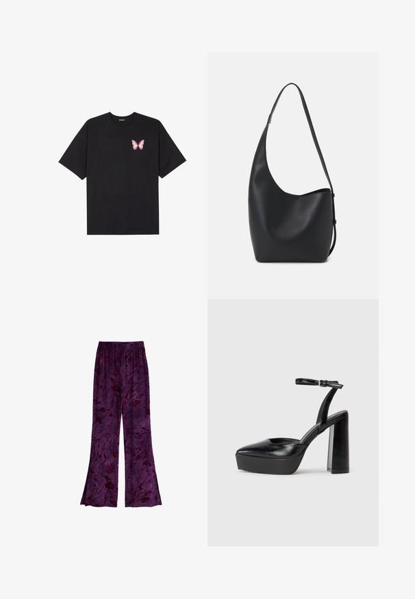 T-shirt en coton noir à manches courtes, avec un petit graphique de papillon rose sur la poitrine gauche. Modèle à col rond avec une coupe décontractée.; Pantalons fluides violets avec un motif floral dans des teintes plus foncées, fabriqués en tissu léger avec une taille élastique. Design évasé.; Escarpins noirs à plateforme avec un bout pointu et une sangle réglable à la cheville. Conçus en cuir lisse, avec un large talon bloc.; Sac hobo en cuir noir avec une texture lisse, une forme incurvée et une seule sangle réglable ; dispose d'une large ouverture en haut.