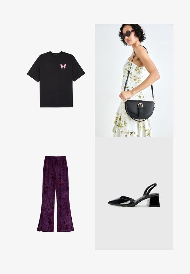 Čierne bavlnené tričko s krátkymi rukávmi, s malým ružovým motýlikom na ľavej hrudi. Design s okrúhlym výstrihom a uvoľneným strihom.; Fialové voľné nohavice s kvetinovým vzorom v tmavších odtieňoch, vyrobené z ľahkej tkaniny s elastickým pásom. Rozšírený strih.; Čierne lakované kožené sandálové podpätky s špicatou špičkou a geometrickým blokovým podpätkom. Disponujú elegantným, minimalistickým dizajnom a hladkým povrchom.; Čierna kožená kabelka s zaobleným tvarom, odnímateľným popruhom a zlatými doplnkami. Kabelka má klopu s detailom s prackou.