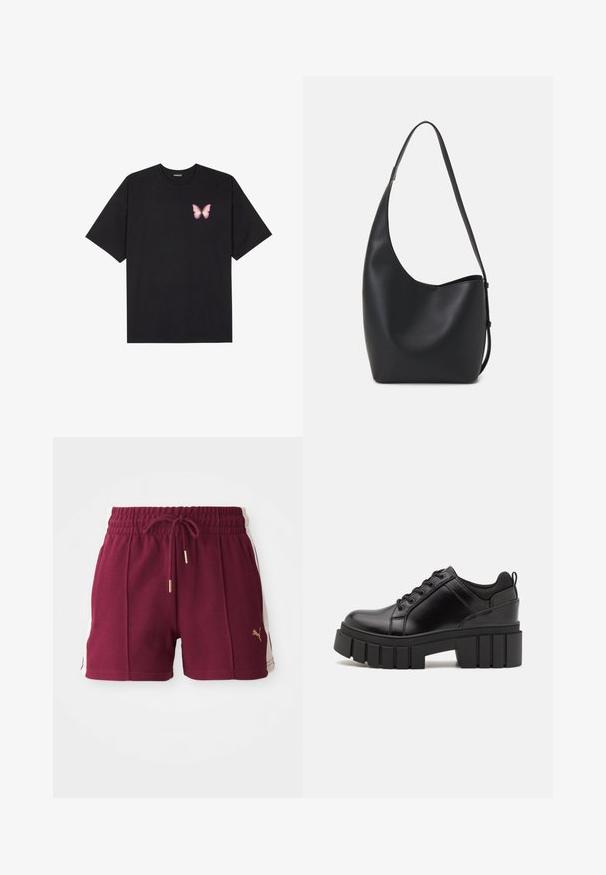 Black cotton t-shirt with short sleeves, featuring a small pink butterfly graphic on the left chest. Crew neck design with a relaxed fit.; Maroon athletic shorts with a textured fabric, elastic waistband, drawstring, and cream side panels featuring a gold logo detail.; Black leather platform shoes with a chunky block heel, round toe, and traditional lace-up design. Features smooth texture and minimal detailing.; Black leather hobo bag with a smooth texture, curved shape, and single adjustable strap; features a wide opening at the top.