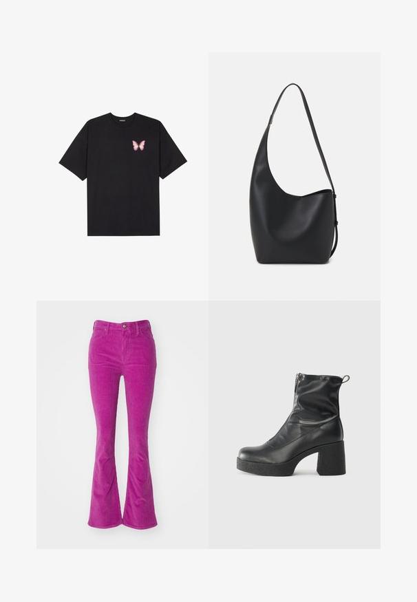 Must muströöpidega must puuvillane T-särk, vasakul rinnal on väike roosa liblikas. Ümar kaelus ja vabalt istuv lõige.; Ehked teksad erksas roosas puuvillases õhukeses kangas, millel on viis taskut, nööp sulgemine ja õrn soonik tekstuur üle kogu pinna.; Mustad mustad ansapüksid, mis on valmistatud siledast nahast, külje zipperiga, paksu tekstuuriga kontsaga ja ümmarguse nina disainiga.; Mustast nahast hobo kott, millel on sile tekstuur, kumer kuju ja üks reguleeritav rihm; peal on lai avaus.