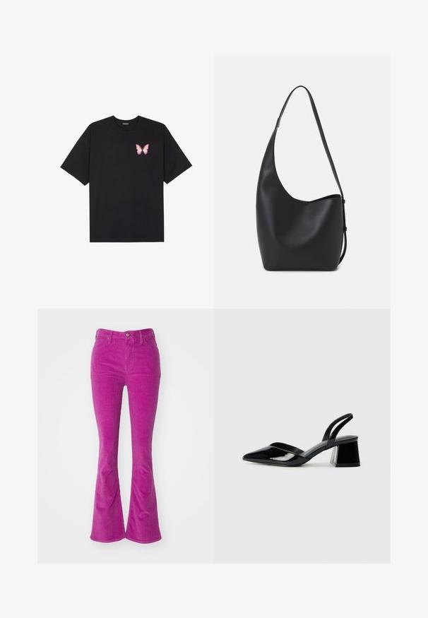 Fekete pamut póló rövid ujjakkal, bal mellkason egy kis rózsaszín pillangó grafikával. Kerek nyakú kialakítás, laza fazonnal.; Fellő térdnadrág élénk rózsaszín kordbársonyban, öt zsebbel, gombos záródással és finom bordázott textúrával az egész felületen.; Fekete lakk bőr szandálkés magas sarkú cipő, hegyes orral és geometrikus tömbsarkakkal. Karcsú, minimalista dizájn és sima textúra jellemzi.; Fekete bőr hobo táska sima textúrával, ívelt formával és egyetlen állítható pánttal; széles nyílás található a tetején.