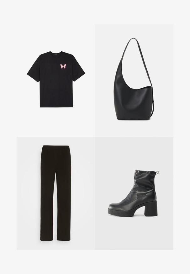 Juodas medvilnės marškinėliai trumpomis rankovėmis, su maža rožine drugelio grafika kairėje krūtinės pusėje. Apvalus kaklo iškirpimas, laisvas kirpimas.; Juodi tiesūs kelnės, pagamintos iš audinio, turinčios lygų priekį, dvi šonines kišenes ir glotnų paviršių. Nėra matomų raštų ar akcentų.; Juodos kulkšninių botai, pagaminti iš lygaus odos, su šoniniu užtrauktuku, masyviu tekstūruotu kulnu ir apvaliu pirštu.; Juodas odinis hobo maišas su lygiu paviršiumi, kreipta forma ir viena reguliuojama rankena; turi platų atidarymą viršuje.