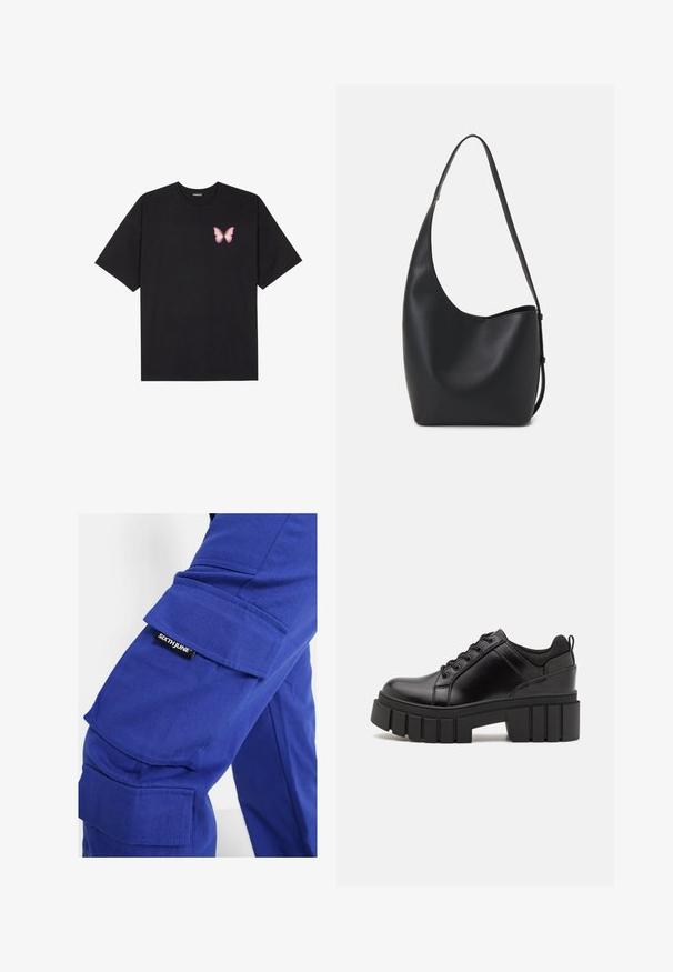 Zwarte katoenen t-shirt met korte mouwen, voorzien van een kleine roze vlinder graphic op de linkerkant van de borst. Crew neck ontwerp met een relaxte fit.; Sixth June Cargobroek - dark blue; Zwarte leren platform schoenen met een stevige blokhak, ronde neus en een traditionele vetersluiting. Kenmerkt zich door een gladde textuur en minimale details.; Zwarte leren hobo tas met een gladde textuur, kromme vorm en een enkele verstelbare schouderband; heeft een brede opening aan de bovenkant.
