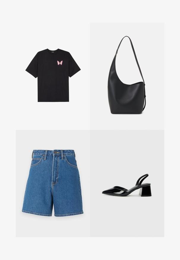 Melna kokvilnas T-krekls ar īsām piedurknēm, kuram priekšā kreisajā pusē ir neliels rozā tauriņa grafiskais attēls. Ar apaļu kaklu un brīvā stila piegriezumu.; Zilā denima šorti ar augstu jostas vietu, divām priekšējām kabatām un kontrastējošām oranžām šuvēm. Iespējojama pogu aizdare un zīmola logo.; Melna lakota āda ar atvērto papēdi, ar smailu purngalu un ģeometrisku blokpapēdi. Iezīmējas elegants, minimāls dizains un gluda tekstūra.; Melnas ādas hobo soma ar gludu tekstūru, izliekta forma un vienu regulējamu jostu; augšā ir plaša atvere.