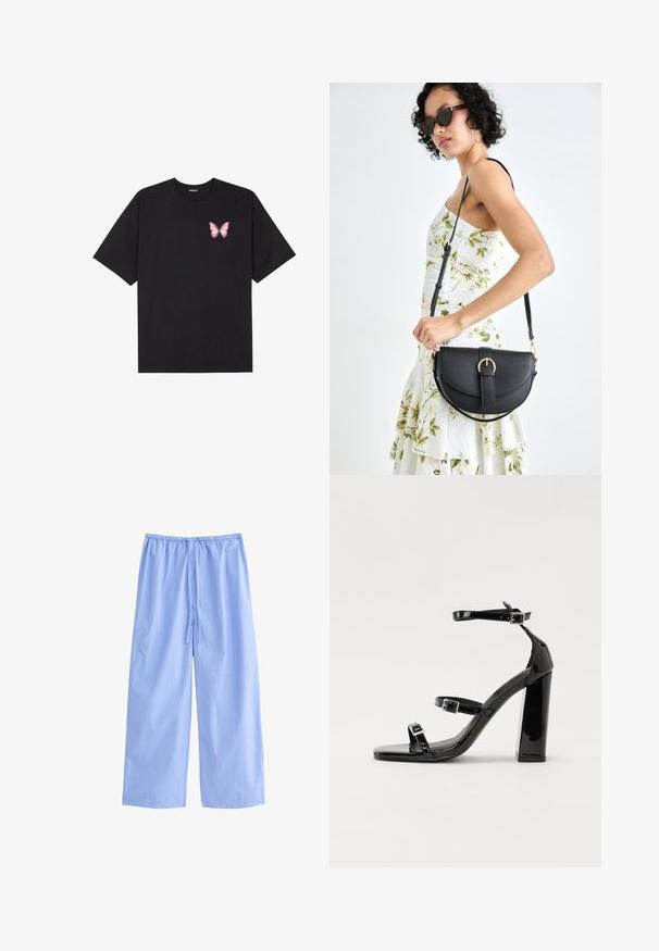 Camiseta de algodón negra de manga corta, con un pequeño gráfico de mariposa rosa en el lado izquierdo del pecho. Diseño de cuello redondo con un corte relajado.; Pantalones de pierna ancha azul claro, fabricados con un tejido suave y con rayas verticales blancas. Cuentan con una cintura elástica y un cordón de ajuste.; Sandalias de tacón de charol negro con punta cuadrada, correas en el tobillo y hebillas plateadas. Presentan un tacón grueso para mayor estabilidad.; Bolso de piel negra con forma curva, correa desmontable y herrajes dorados. El bolso cuenta con una solapa con un detalle de hebilla.