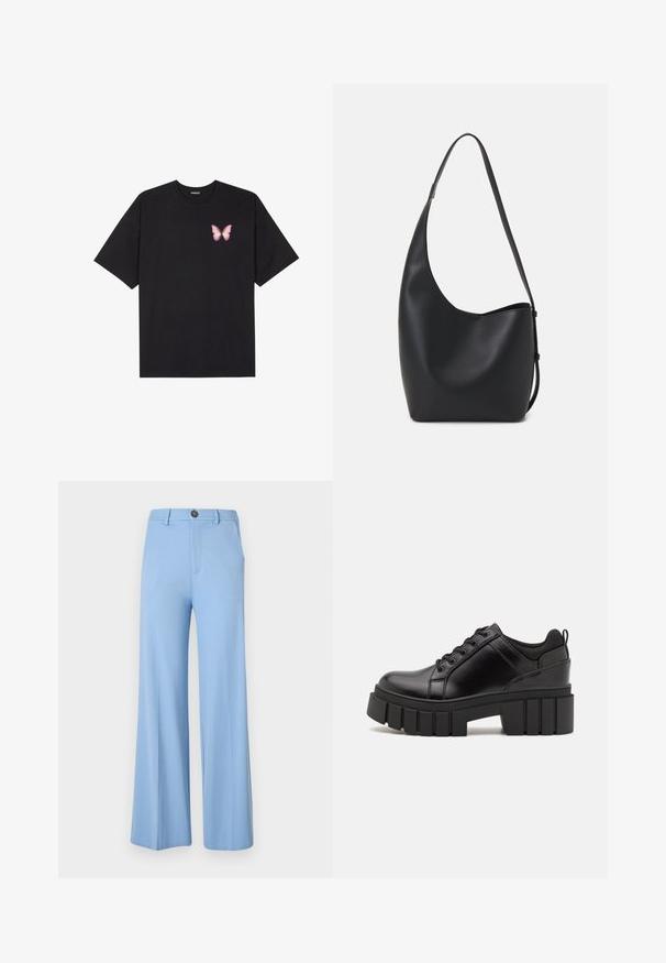 T-shirt de algodão preto com mangas curtas, apresentando um pequeno gráfico de borboleta rosa no lado esquerdo do peito. Design de gola redonda com um corte solto.; Calças largas de um azul claro, feitas de um tecido suave, com fecho de botão e bolsos frontais. Design limpo e bem cortado, sem padrões.; Sapatos de plataforma em couro preto com um salto bloco robusto, bico redondo e design clássico de atacadores. Apresentam uma textura suave e detalhes mínimos.; Saco hobo preto em pele com uma textura lisa, forma curva e uma única alça ajustável; apresenta uma abertura larga na parte de cima.