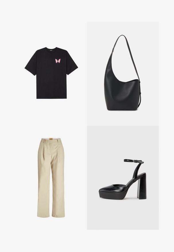 Sort bomulds T-shirt med korte ærmer, prydet med en lille pink sommerfugl grafik på venstre bryst. Rund hals design med en afslappet pasform.; Beige bukser med vide ben og en glat linnedtekstur, der har en høj talje og subtile læg foran, mærke inde i bukserne.; Sorte platformhæle med spidse tæer og justerbar ankelrem. Construeret i glat læder, med en kraftig blokhæl.; Sort læder hobo taske med en glat overflade, buet form og en enkelt justerbar rem; har en bred åbning øverst.