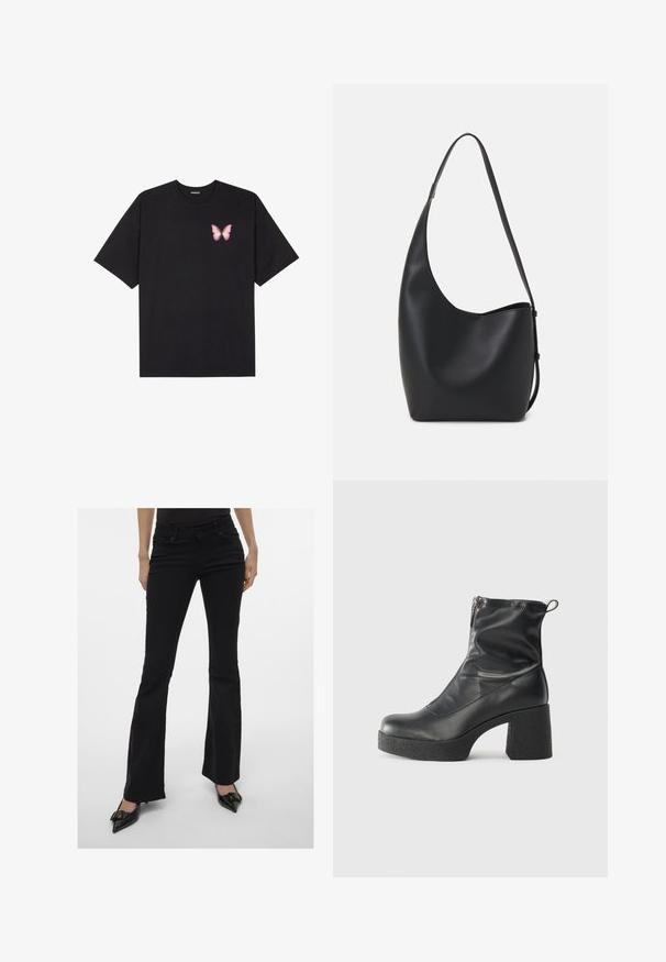 Melna kokvilnas T-krekls ar īsām piedurknēm, kuram priekšā kreisajā pusē ir neliels rozā tauriņa grafiskais attēls. Ar apaļu kaklu un brīvā stila piegriezumu.; Melni plati džinsi ar elegantu piegriezumu, piecu kabatu dizainu un diskrētu šuvumu. Izgatavoti no džinsa auduma, ar vidēju jostasvietu.; Melni potītes zābaki, kas izgatavoti no gludas ādas, ar sānu rāvējslēdzēju, masīvu strukturētu papēdi un noapaļotu purngalu.; Melnas ādas hobo soma ar gludu tekstūru, izliekta forma un vienu regulējamu jostu; augšā ir plaša atvere.