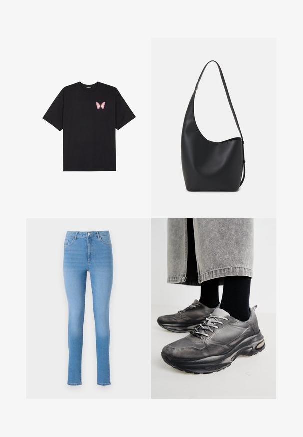 T-shirt de algodão preto com mangas curtas, apresentando um pequeno gráfico de borboleta rosa no lado esquerdo do peito. Design de gola redonda com um corte solto.; Jeans skinny em denim azul claro, design de cintura alta, cinco bolsos, fecho frontal com botão e um leve desbotado em direção à bainha.; Sapatilhas atléticas pretas e cinzentas apresentam um upper em malha, solas espessas e atacadores. Têm um bico arredondado e detalhes de amortecimento visíveis.; Saco hobo preto em pele com uma textura lisa, forma curva e uma única alça ajustável; apresenta uma abertura larga na parte de cima.