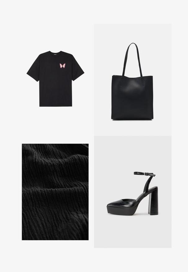 Fekete pamut póló rövid ujjakkal, bal mellkason egy kis rózsaszín pillangó grafikával. Kerek nyakú kialakítás, laza fazonnal.; Fekete, texturált szövet, gyűrött felülettel, kiemelkedő vonalakkal és mélységbeli eltérésekkel, amelyek puha anyagra utalnak.; Fekete platform magassarkú cipők hegyes orral és állítható bokapánttal. Sima bőrből készült, vastag talppal.; Fekete bőrtáska sima felszínnel, téglalap alakú, két hosszú füllel. Nincs látható fémkiegészítő vagy díszítés.
