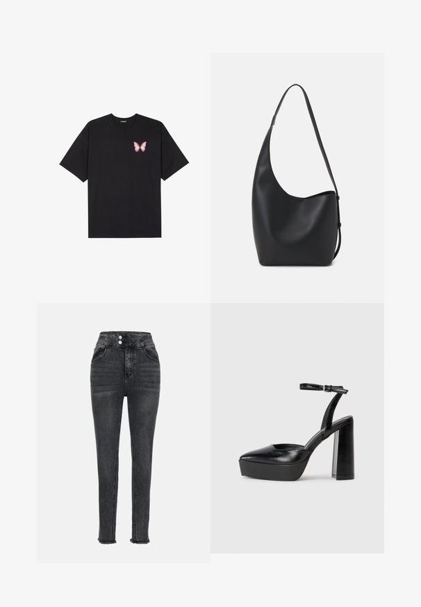 Juodas medvilnės marškinėliai trumpomis rankovėmis, su maža rožine drugelio grafika kairėje krūtinės pusėje. Apvalus kaklo iškirpimas, laisvas kirpimas.; Aukštai liemeni juodos džinsinio audinio kelnes su siauru kirpimu, su dviem priekinėmis kišenėmis, užtrauktuku ir dviem mygtukais, bei suplėšytu apdailos kraštu.; Juodi platforminiai aukšti kulniukai su smailiu kojų pirštu ir reguliuojamu kulkšnies dirželiu. Pagaminti iš lygaus odos, turi masyvų blokinį kulną.; Juodas odinis hobo maišas su lygiu paviršiumi, kreipta forma ir viena reguliuojama rankena; turi platų atidarymą viršuje.