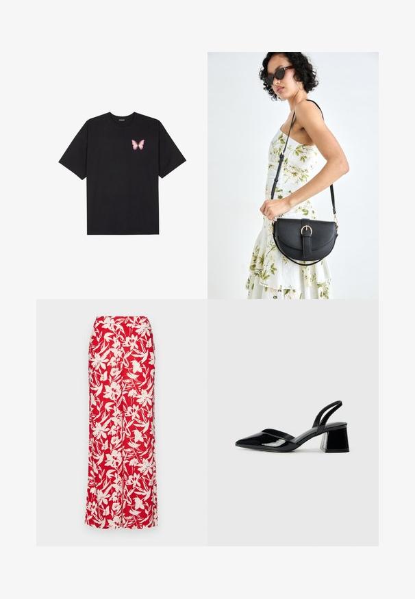 Černé bavlněné tričko s krátkým rukávem, na levém prsou s malou grafikou růžové motýlky. Design s kruhovým výstřihem a volným střihem.; Červená květinová maxi sukně vyrobená z lehké tkaniny. Má velké bílé květinové vzory a pružný pas, což vytváří rovný siluetu.; Černé lakované kožené lodičky na pásku s špičatou špičkou a geometrickým blokovým podpatkem. Vyznačují se elegantním, minimalistickým designem a hladkým povrchem.; Černá kožená kabelka s křivkovým tvarem, odnímatelným popruhem a zlatými detaily. Kabelka má klopu s přezkou.