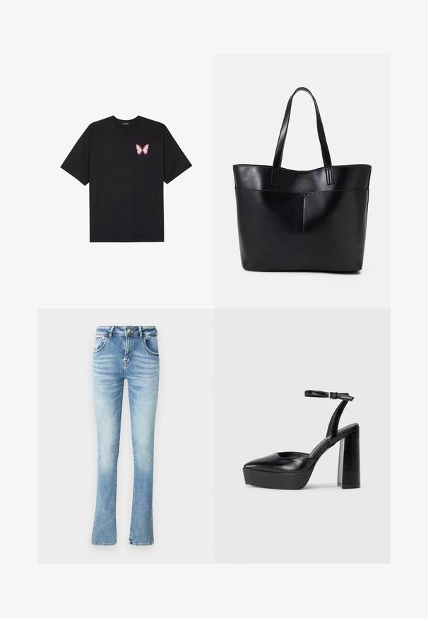 Crna pamučna majica s kratkim rukavima, s malim grafičkim prikazom ružičaste vjetricaste s desne strane na prsima. Dizajn s okruglim izrezom i opuštenim krojem.; Svijetloplave traperice s flared krojem, srednjeg struka, s pet džepova, šivenim šavovima i blagim izblijeđenjem na bedrima za izgled istrošenosti.; Crne platforme s potpeticom s oštrim vrhom i podešivom naramenicom. Izrađene od glatke kože, s masivnom blok petom.; Crna kožna torba s dugim ručkama, glatkom teksturom i strukturiranim oblikom. Ima prednju džep za dodatno pohranu.