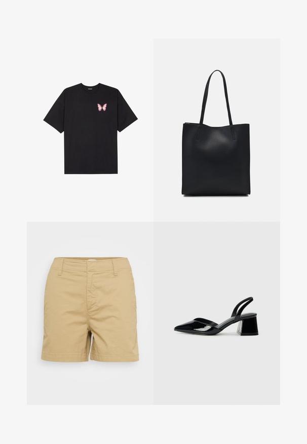 Melna kokvilnas T-krekls ar īsām piedurknēm, kuram priekšā kreisajā pusē ir neliels rozā tauriņa grafiskais attēls. Ar apaļu kaklu un brīvā stila piegriezumu.; Balti kokvilnas šorti ar pielāgotu dizainu, iekļaujot priekšējās kabatas un jostas cilpas, gludu tekstūru un taisnu apakšmalu.; Melna lakota āda ar atvērto papēdi, ar smailu purngalu un ģeometrisku blokpapēdi. Iezīmējas elegants, minimāls dizains un gluda tekstūra.; Melnas ādas somiņa ar gludu tekstūru, taisnstūra formu un divām garām rokturiem. Nav redzamu aparatūras vai rotājumu.