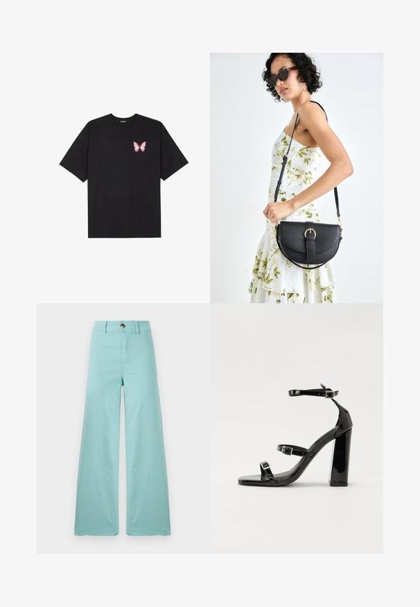 T-shirt de algodão preto com mangas curtas, apresentando um pequeno gráfico de borboleta rosa no lado esquerdo do peito. Design de gola redonda com um corte solto.; Calças largas feitas de tecido azul claro com bainha desfiada. Possui fecho de botão e bolsos padrão. Textura suave em toda a peça.; Sandálias pretas de verniz com salto alto, duas fivelas, biqueira quadrada e salto largo, apresentando uma textura lisa e brilhante.; Bolsa de couro preta com forma curva, alça destacável e detalhes em dourado. A bolsa possui uma aba com detalhe de fivela.