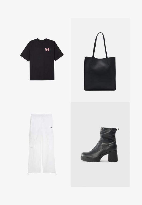 Crna pamučna majica s kratkim rukavima, s malim grafičkim prikazom ružičaste vjetricaste s desne strane na prsima. Dizajn s okruglim izrezom i opuštenim krojem.; Bijele cargo hlače od lagane tkanine s elastičnim pojasom, dva velika bočna džepa i mali crni logo sprijeda.; Crne gležnjače od glatke kože, s bočnim zatvaračem, debelim teksturiranim potplatom i dizajnom s zaobljenim prstima.; Crna kožna torba za nošenje s glatkom teksturom, pravokutnim oblikom i dvije duge ručke. Nema vidljivih metalnih dijelova ili ukrasa.